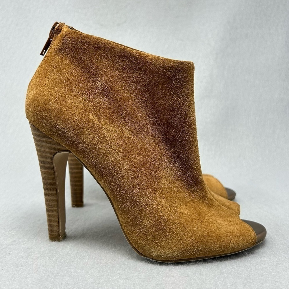 Julianne Hough Camel Suede Women's Angela Zip Open Toe Booties Sz 5B